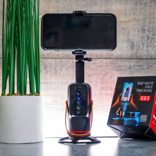 Автоматична въртяща се стойка за телефон с функция за 360° проследяване на лице и движение чрез команди.